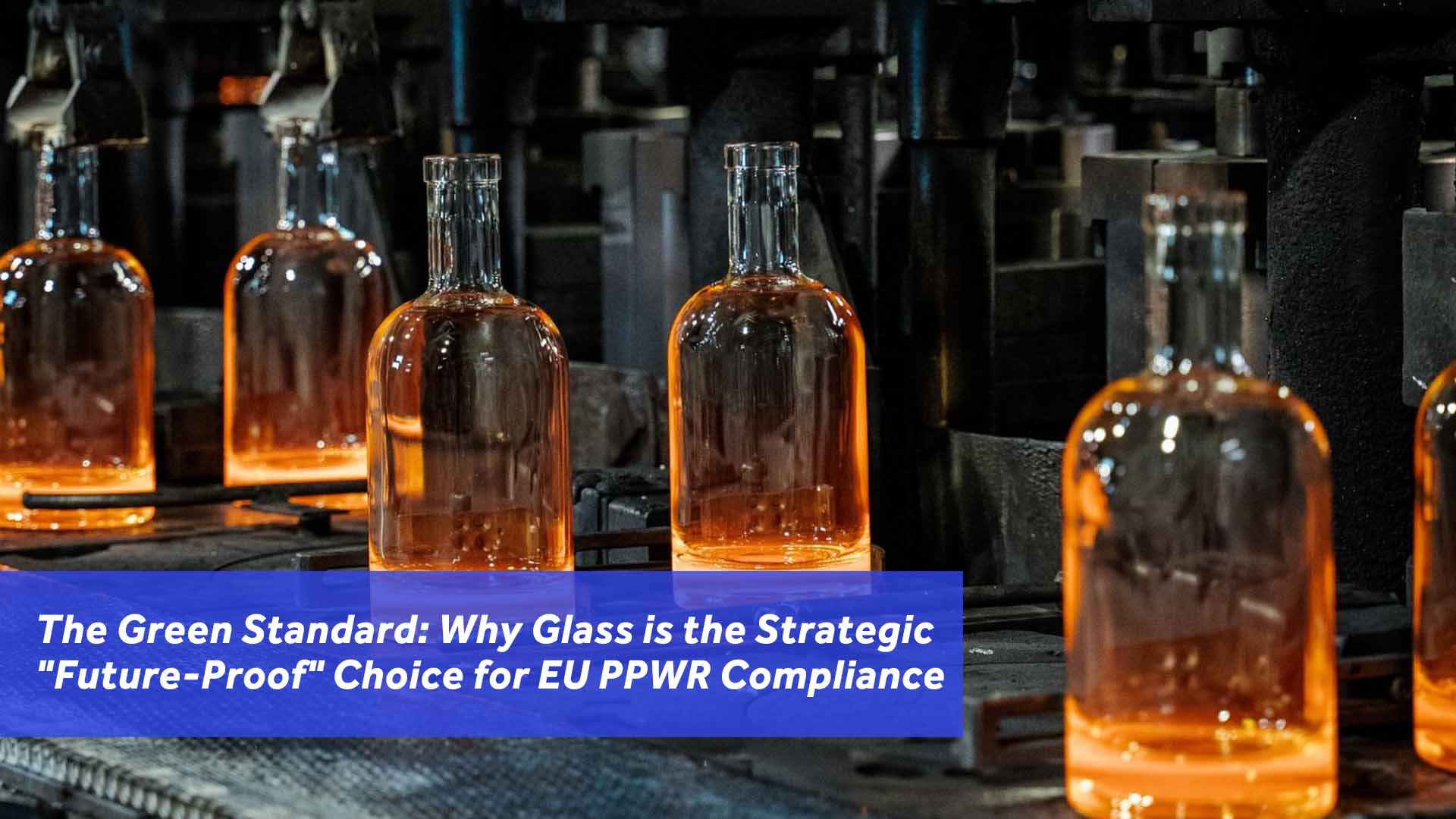 Automated production line of premium glass bottles for spirits and wine, highlighting sustainability and EU PPWR packaging compliance.