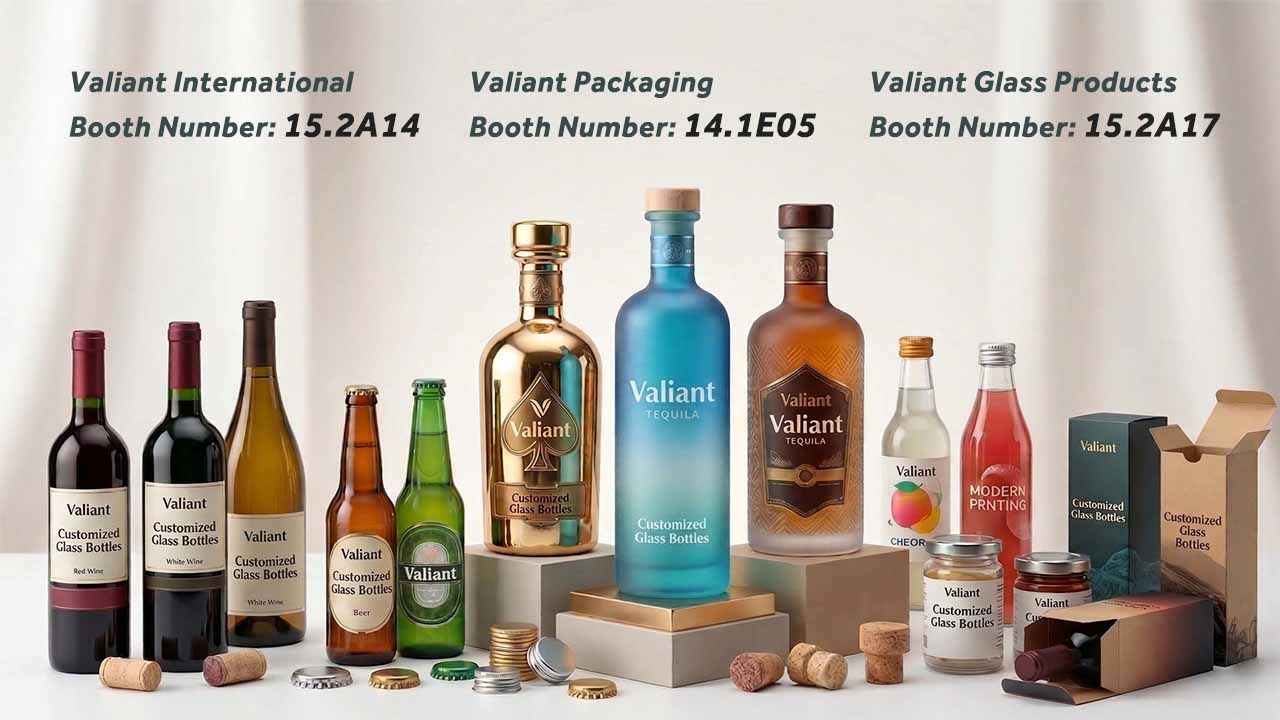 Valiant Packaging booths at 139th Canton Fair 2026 showcasing custom spirits glass bottles and super flint glass solutions.